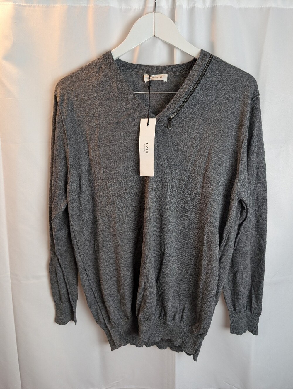 Aviù Italy Gray Wool Silk V-Neck Sweater Asymmetric Shoulder Zipper size 6(42)